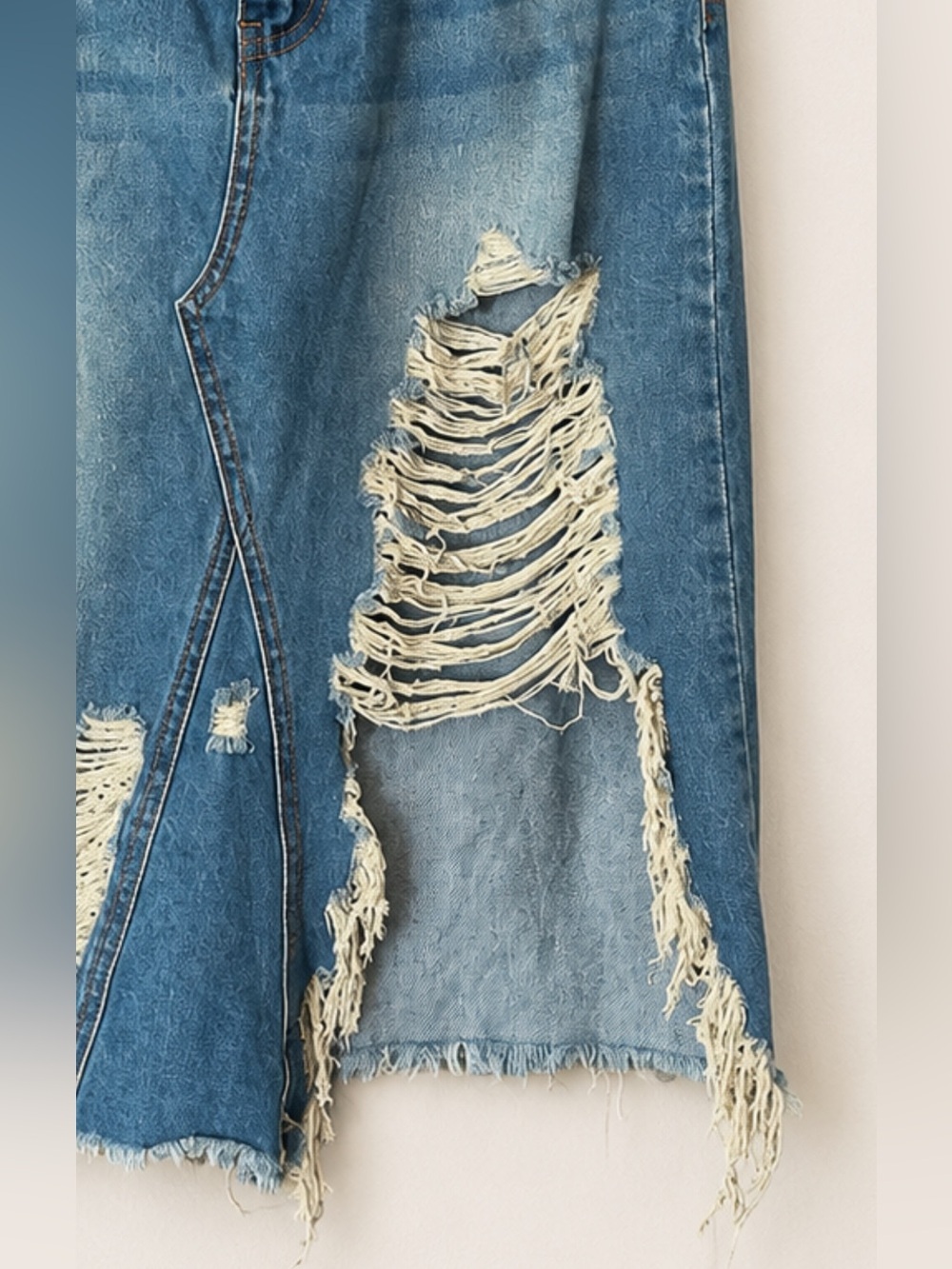 Fashion Nova Distressed Blue Denim MIDI Skirt- Women’s Medium - Picture 2 of 6